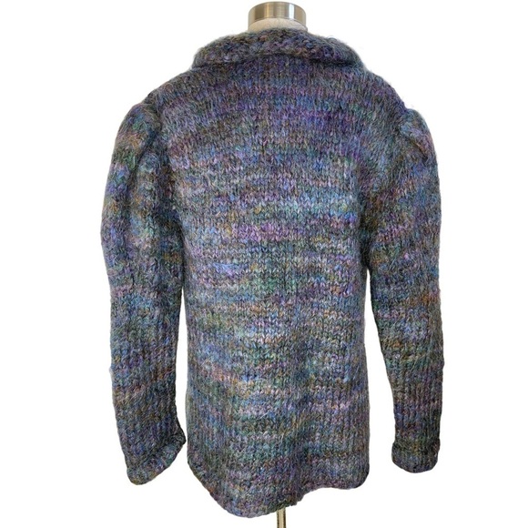 VTG Handmade Multicolored Wool Knit Collared Puffed Sleeve Cardigan Sweater. - Picture 5 of 8